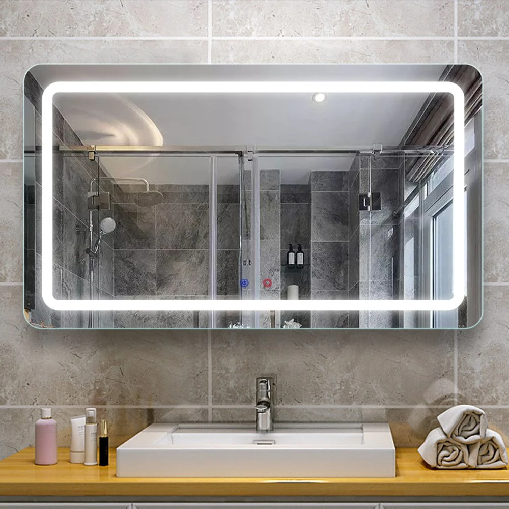 Espejo de lavabo inteligente decorativo para el hogar de lujo, espejo de tocador de vidrio de pared retroiluminado sin marco para baño LED