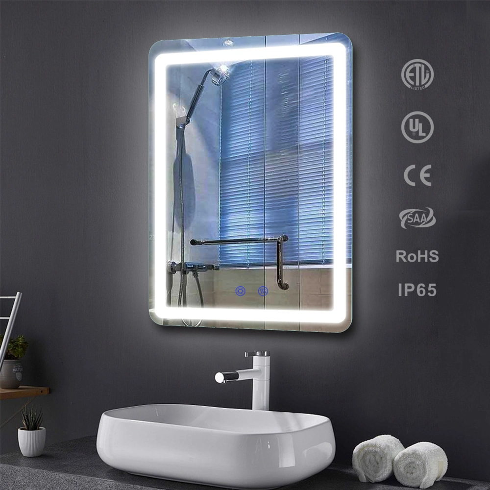 Espejo de baño Bluetooth inteligente iluminado con desempañador LED con reloj digital