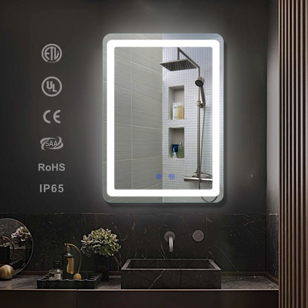 Espejo de baño Bluetooth inteligente iluminado con desempañador LED con reloj digital
