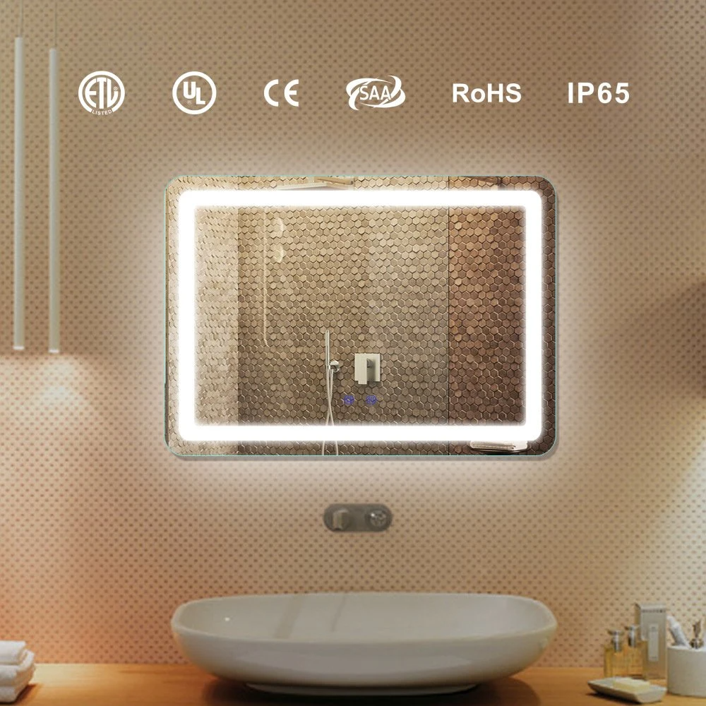 Espejo de baño Bluetooth inteligente iluminado con desempañador LED con reloj digital