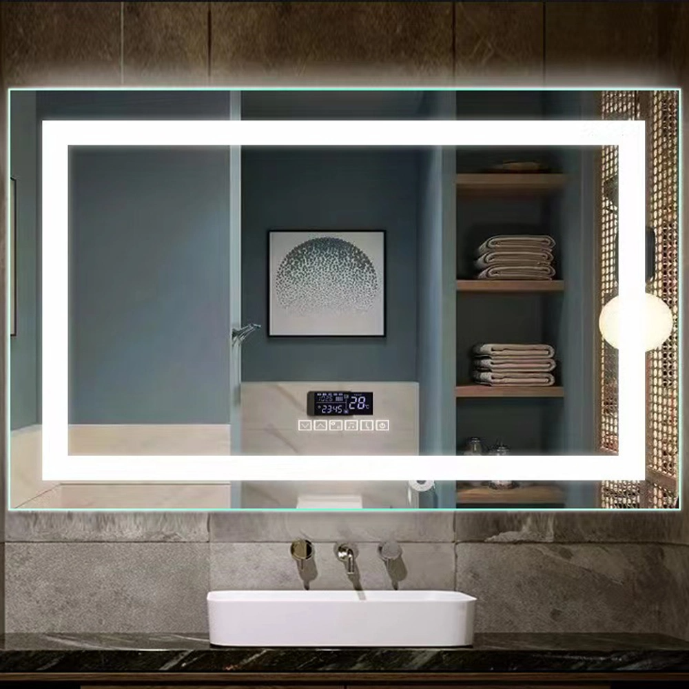 Espejo de pantalla de tiempo rectangular de estilo moderno, espejo inteligente antivaho retroiluminado con LED personalizado para baño