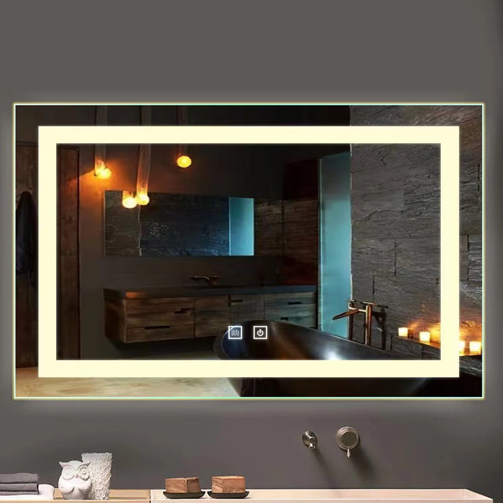 Espejo de pantalla de tiempo rectangular de estilo moderno, espejo inteligente antivaho retroiluminado con LED personalizado para baño