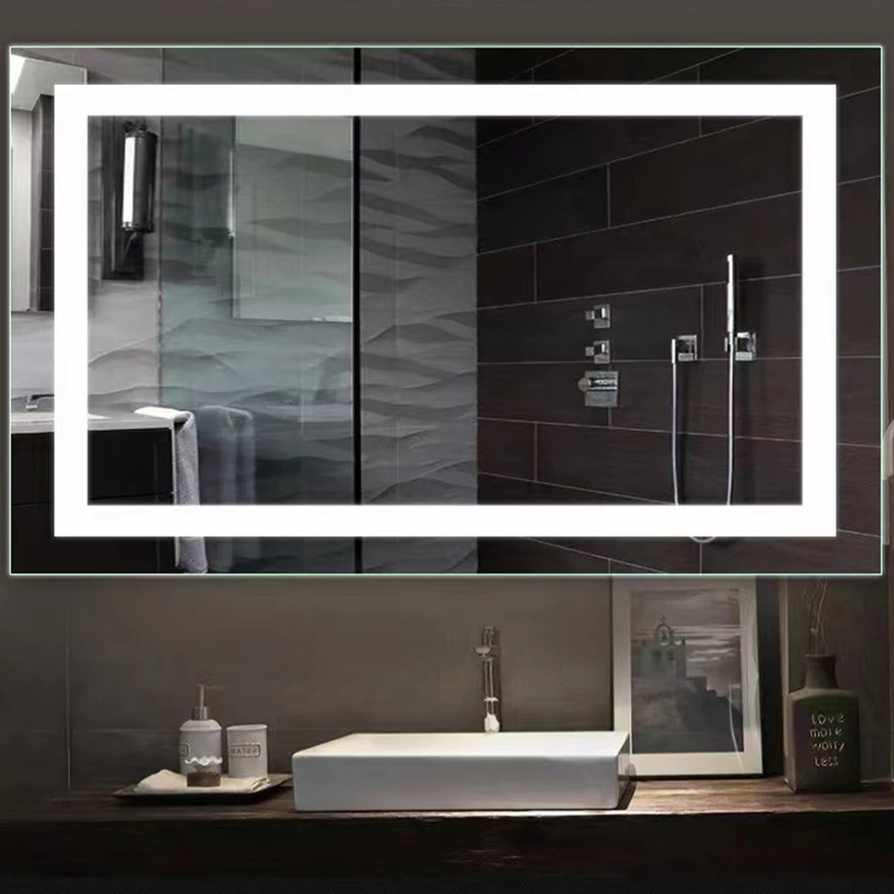 Espejo de pantalla de tiempo rectangular de estilo moderno, espejo inteligente antivaho retroiluminado con LED personalizado para baño