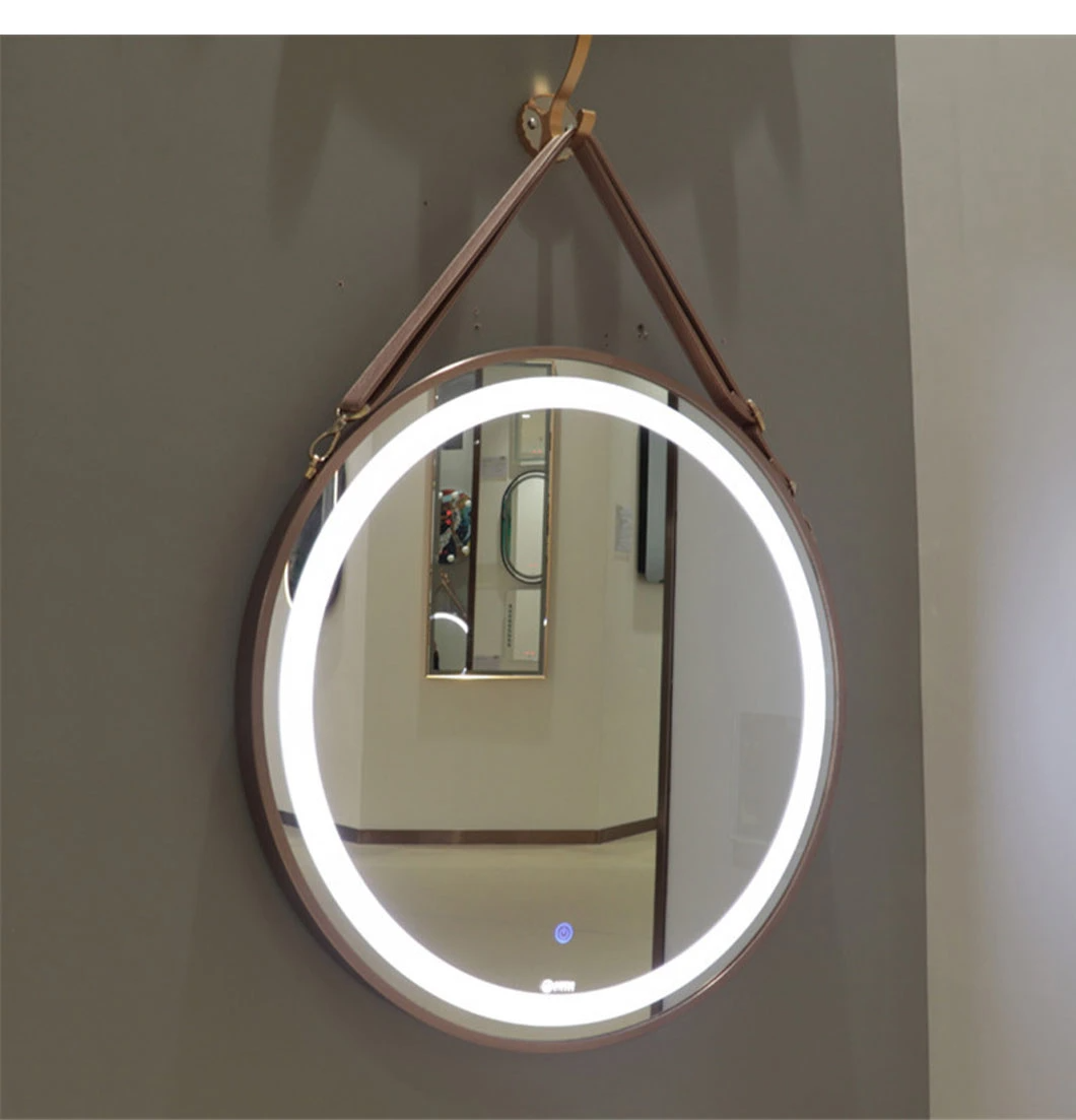 Baño de pared LED Espejo redondo con correa de cuero Cinturón Espejo inteligente Espejo de pared Decoración del hogar Espejo de maquillaje Bluetooth Accesorios de baño Muebles de salón