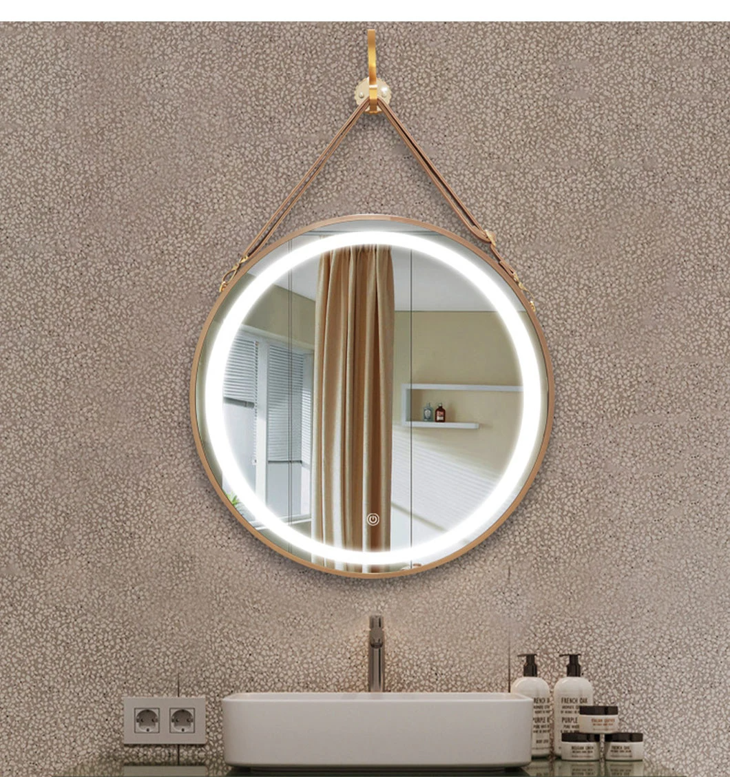 Baño de pared LED Espejo redondo con correa de cuero Cinturón Espejo inteligente Espejo de pared Decoración del hogar Espejo de maquillaje Bluetooth Accesorios de baño Muebles de salón