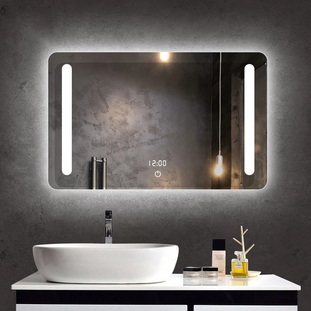 Espejo inteligente de baño con luz LED con antivaho electrónico, función táctil inteligente, pantalla de tiempo