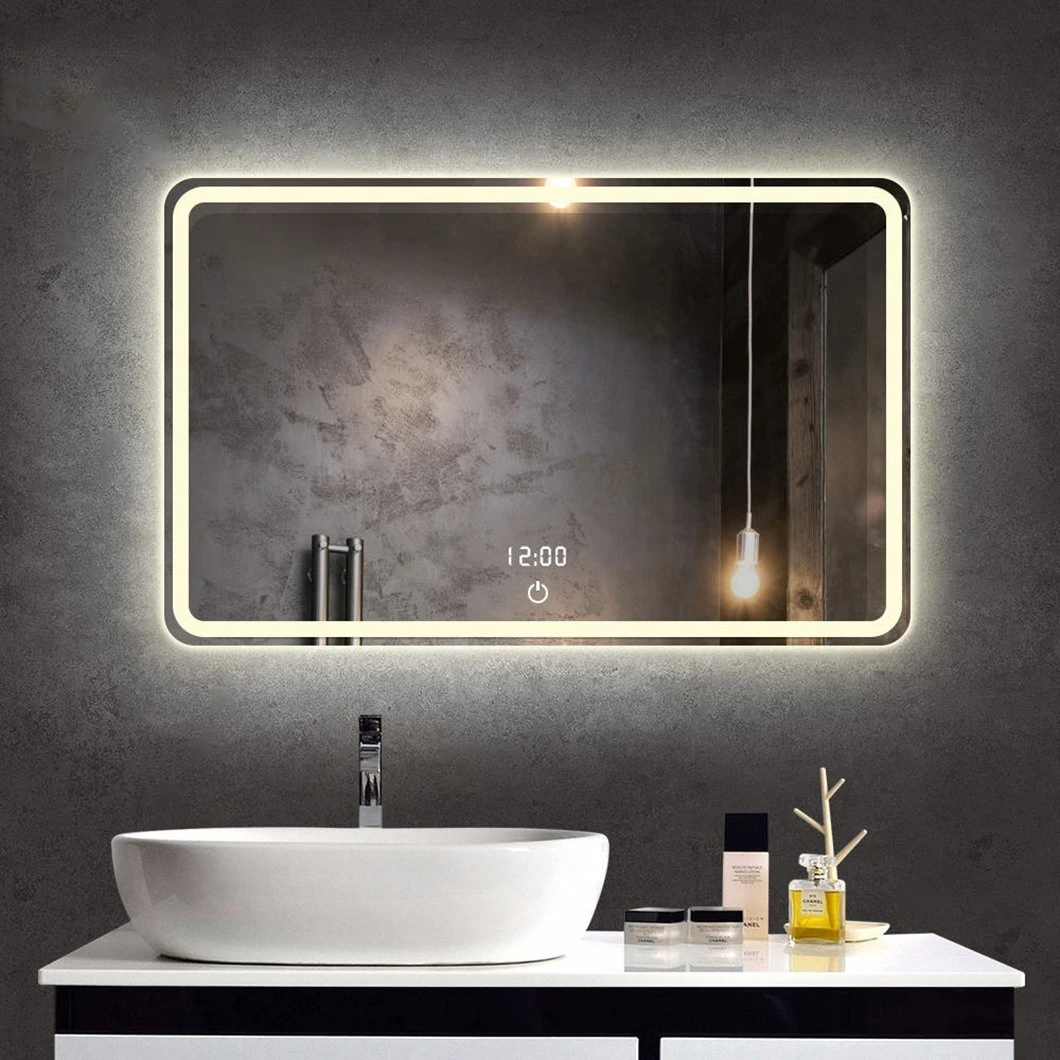 Espejo inteligente de baño con luz LED con antivaho electrónico, función táctil inteligente, pantalla de tiempo