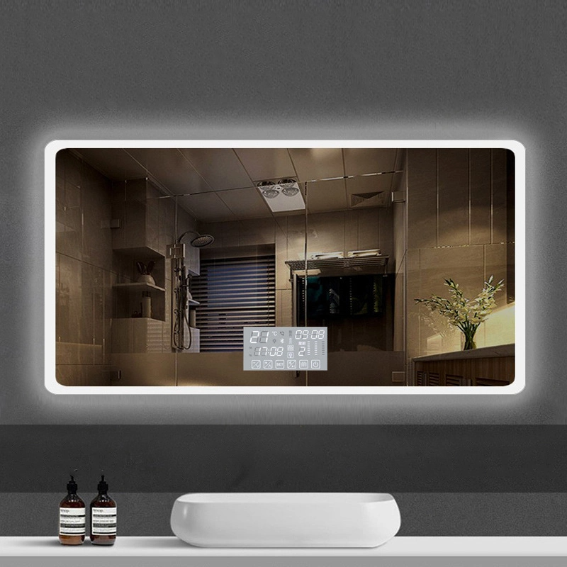 Espejo LED de baño redondo rectangular iluminado sin marco montado en la pared de fábrica
