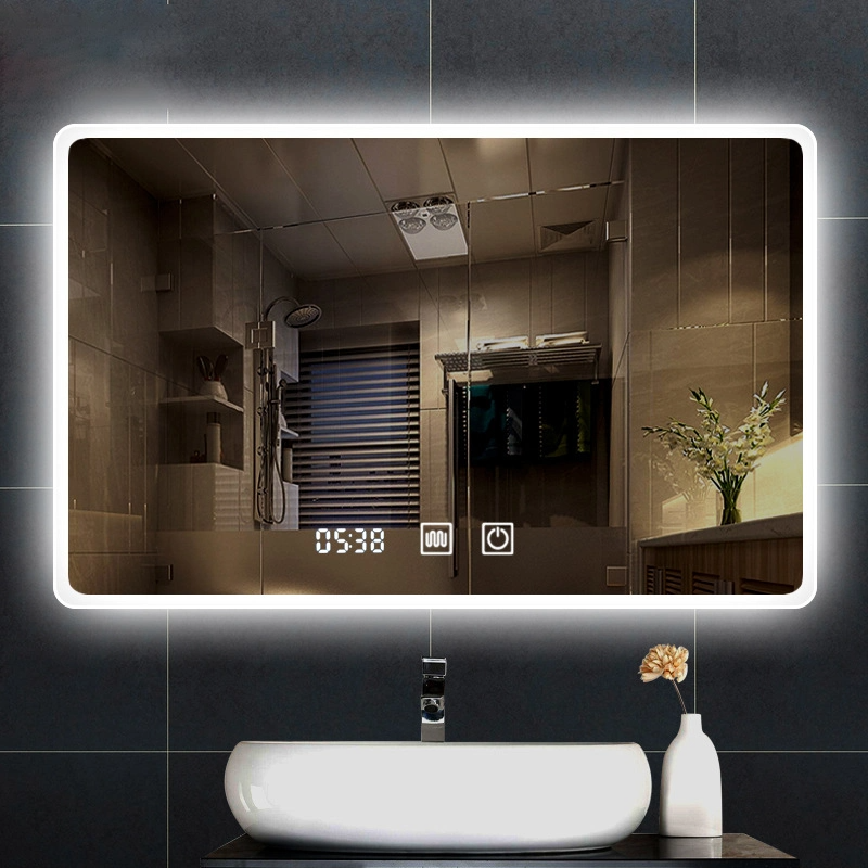 Espejo LED de baño redondo rectangular iluminado sin marco montado en la pared de fábrica