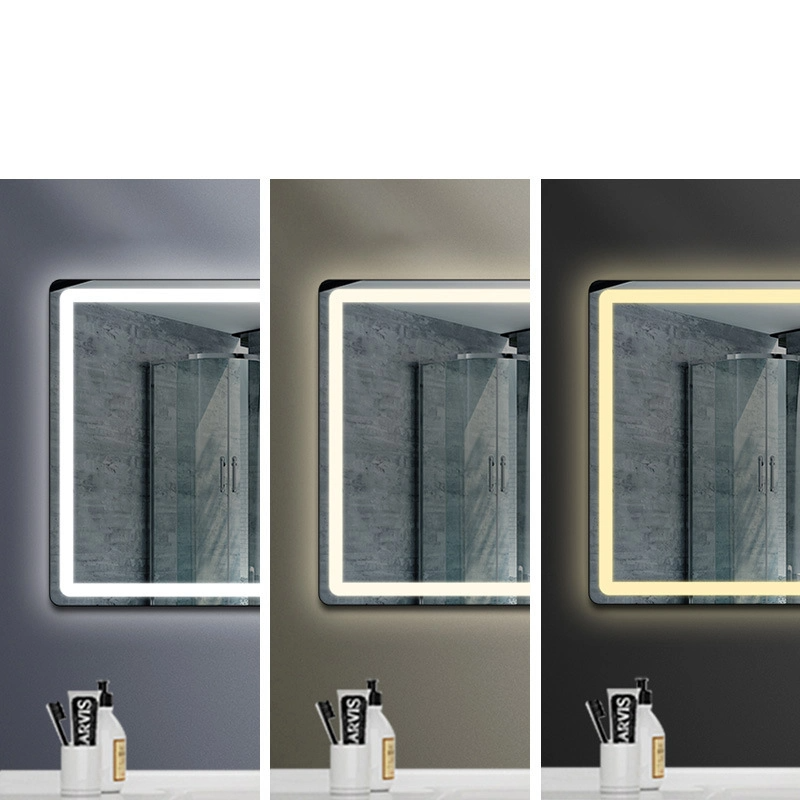 Espejo LED de baño redondo rectangular iluminado sin marco montado en la pared de fábrica
