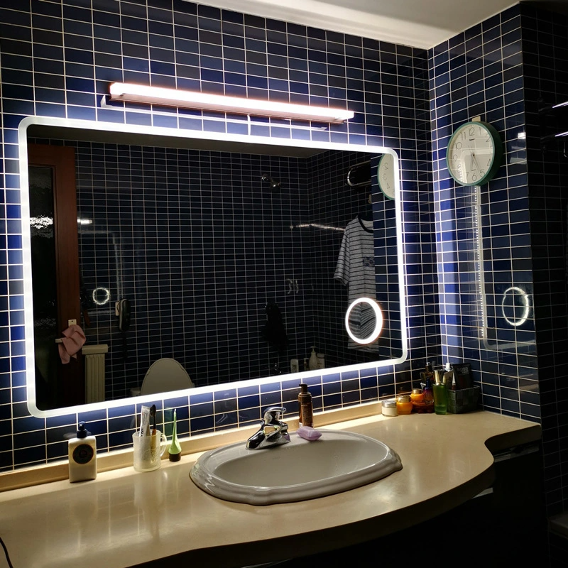 Espejo LED de baño redondo rectangular iluminado sin marco montado en la pared de fábrica