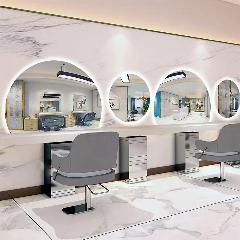 Espejo de peluquería Salón Redondo Mesa de espejo de barbería Salón de peluquería Muebles especiales de salón de vidrio europeo