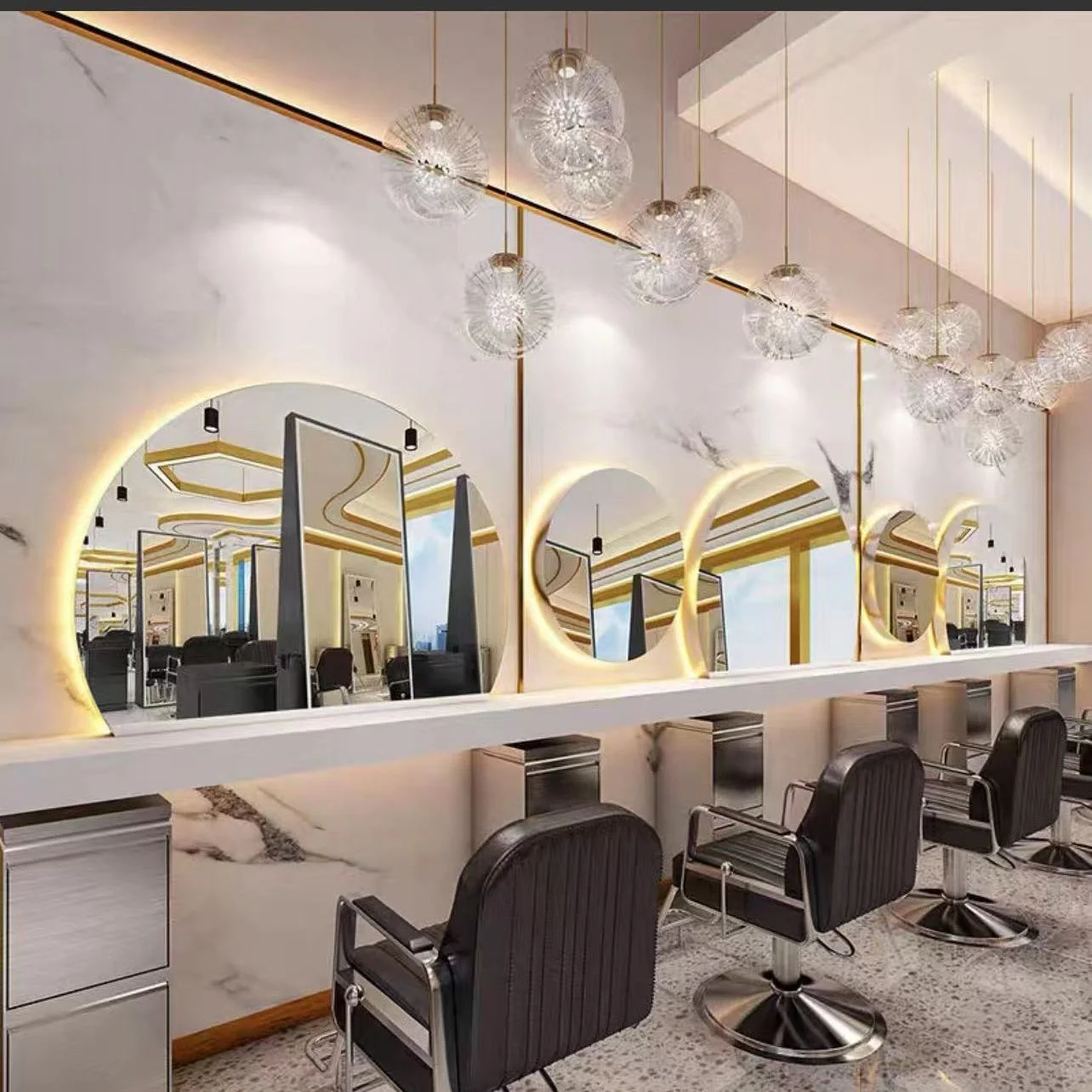 Espejo de peluquería Salón Redondo Mesa de espejo de barbería Salón de peluquería Muebles especiales de salón de vidrio europeo