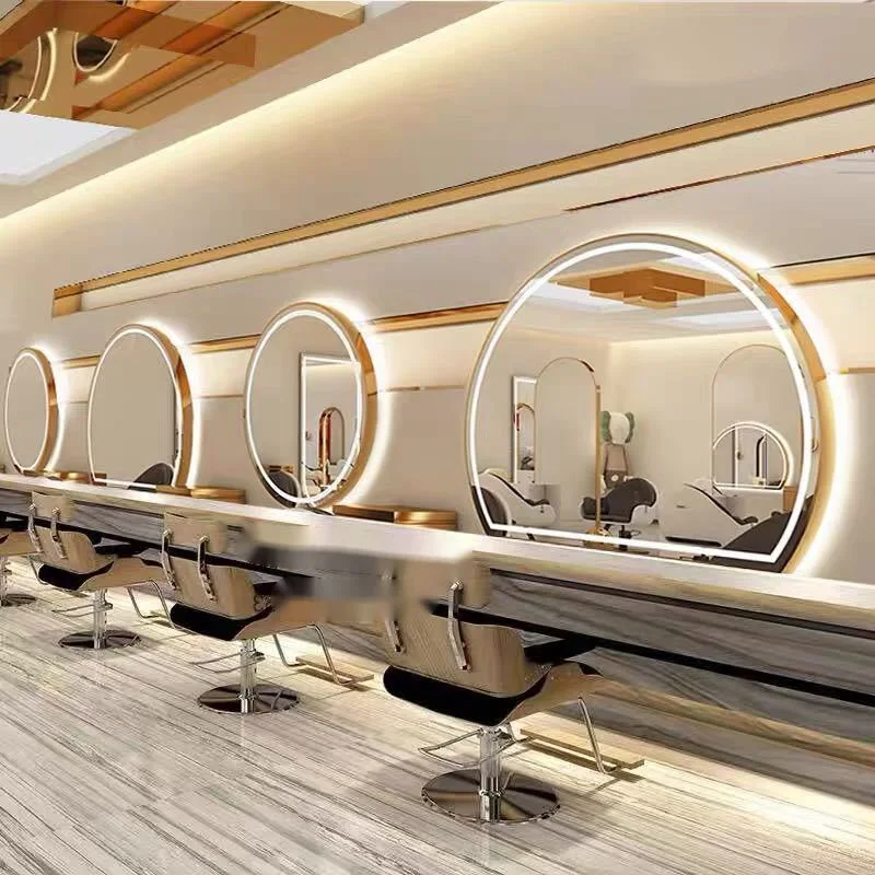 Espejo de peluquería Salón Redondo Mesa de espejo de barbería Salón de peluquería Muebles especiales de salón de vidrio europeo